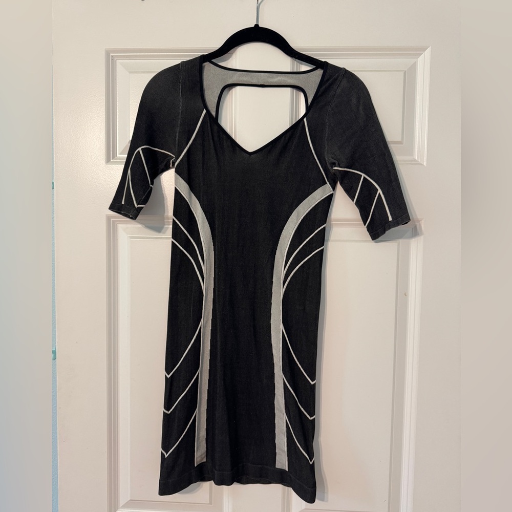 Bebe Black and White Bodycon Dress with Cut Out Back